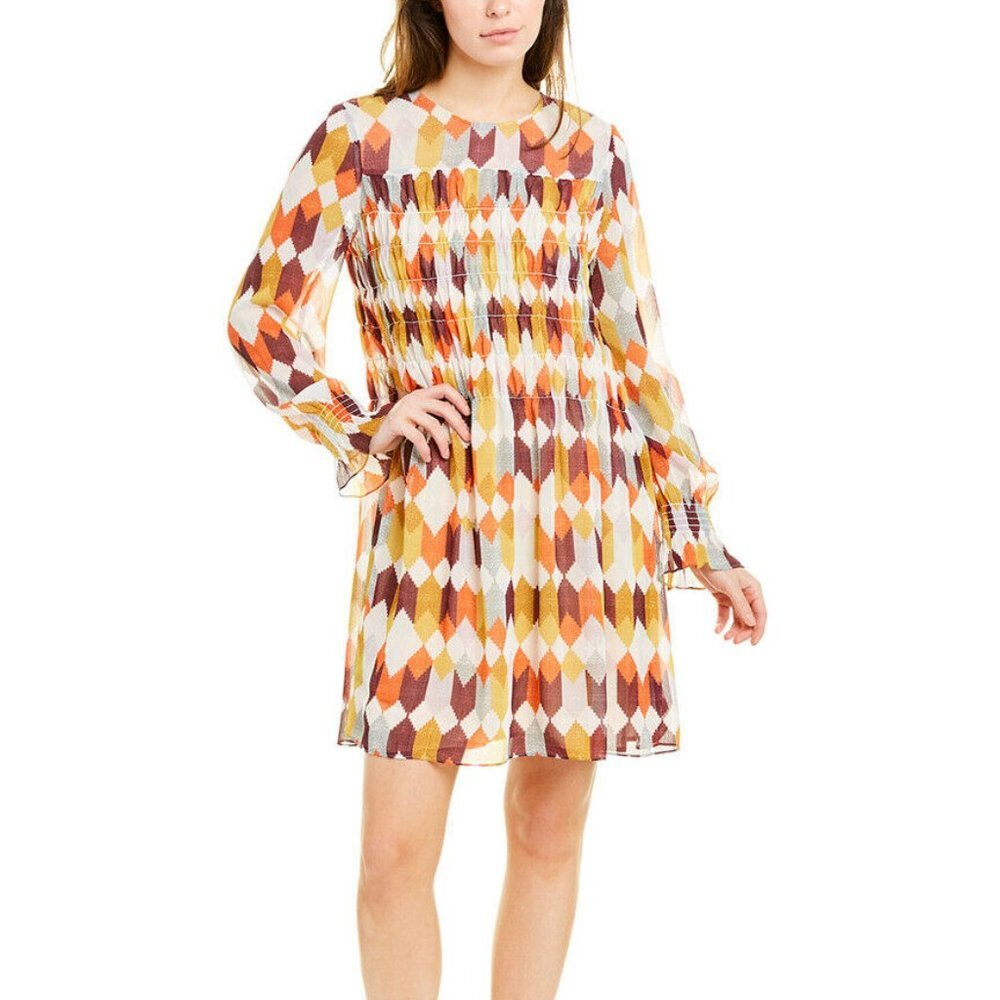 Roller Rabbit Size Large Smocked Noma Ketty Mini Shift Dress Brown Bell Sleeves